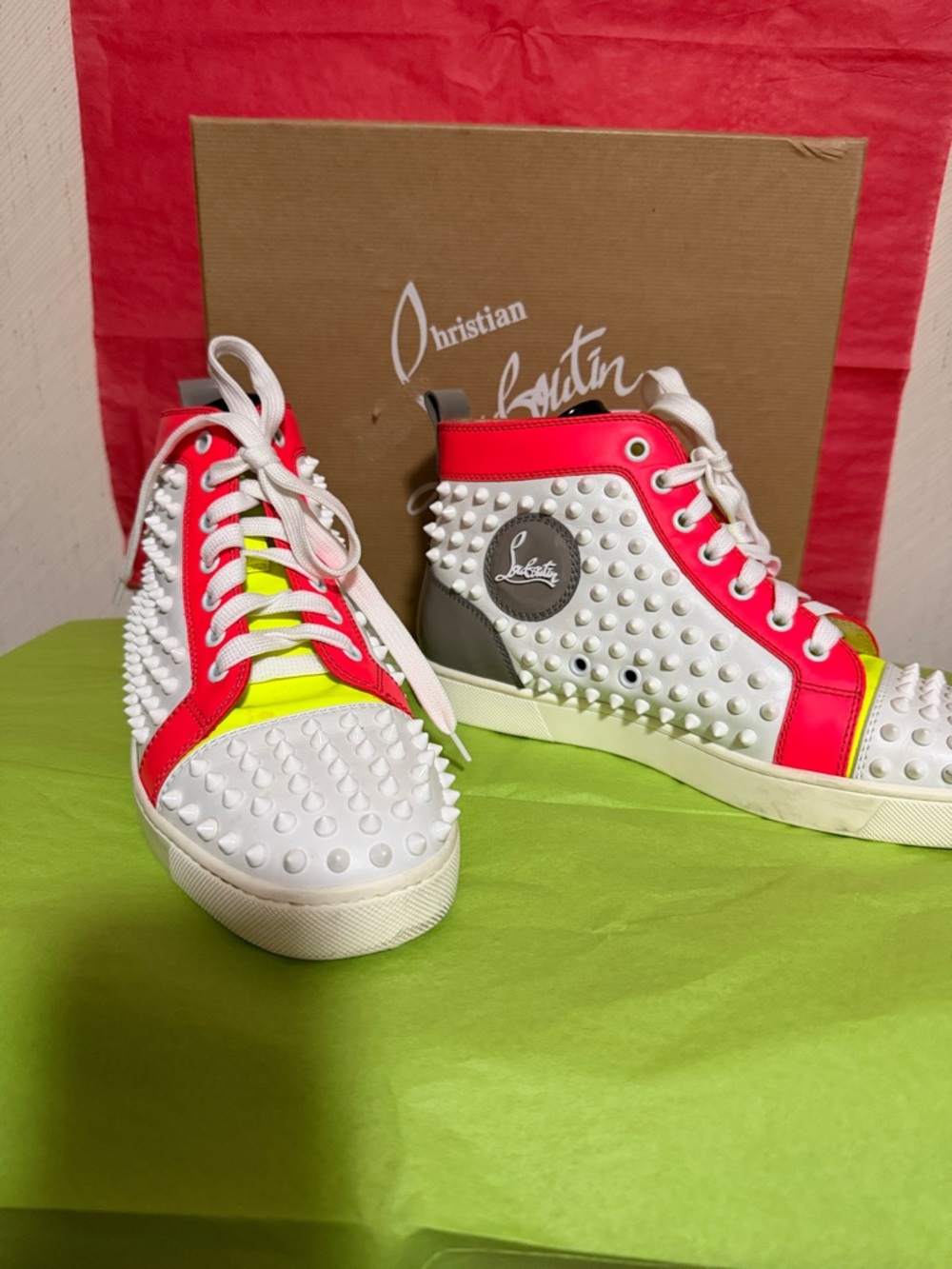 Christian Louboutin  White and Neon Pink Sneakers - Picture 3 of 4